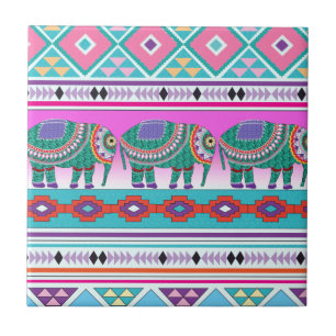 Elephant with Aztec Pattern Ceramic Tile
