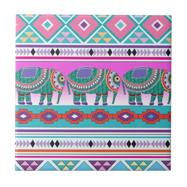 Elephant with Aztec Pattern Ceramic Tile (Front)