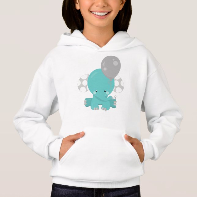 Elephant With Balloon, Blue Elephant, Cute Animal Hoodie (Front)