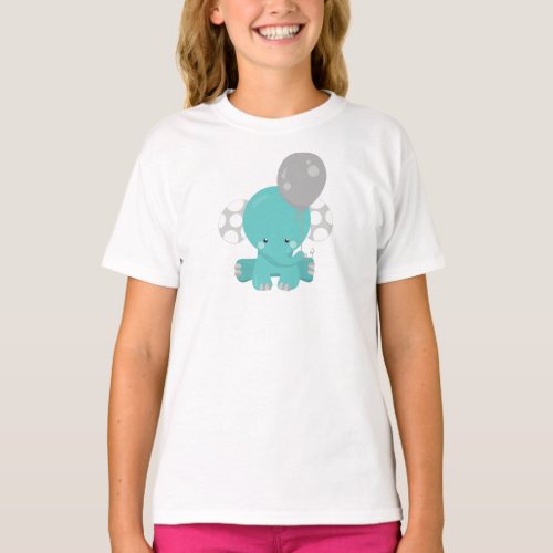 Elephant With Balloon Blue Elephant Cute Animal T_Shirt