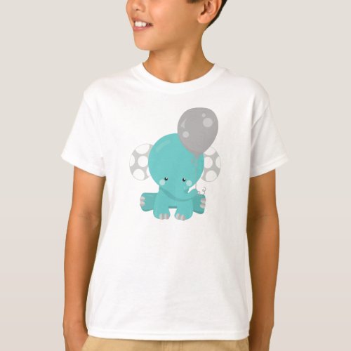 Elephant With Balloon Blue Elephant Cute Animal T_Shirt