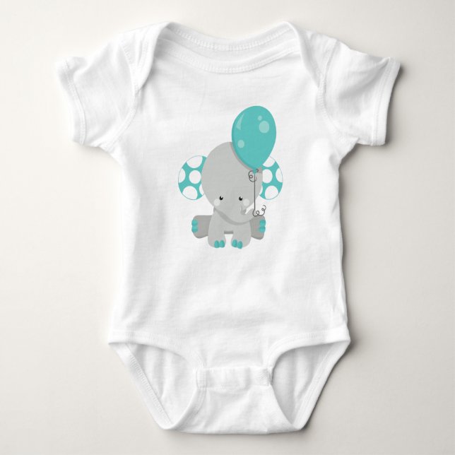 Elephant With Balloon, Cute Elephant - Blue Gray Baby Bodysuit (Front)