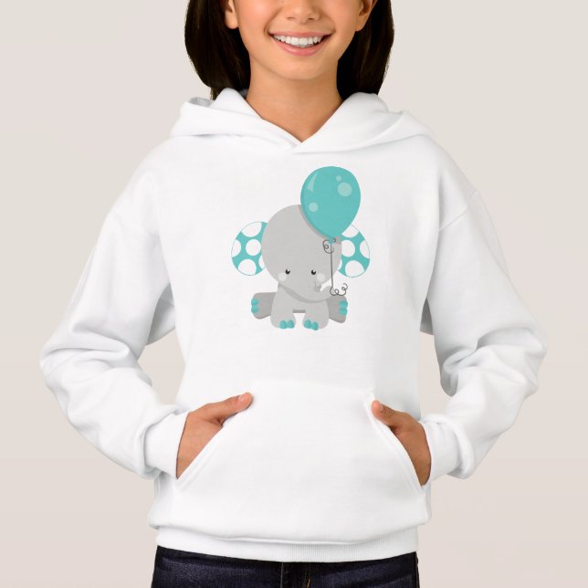 Elephant With Balloon, Cute Elephant - Blue Gray Hoodie (Front)