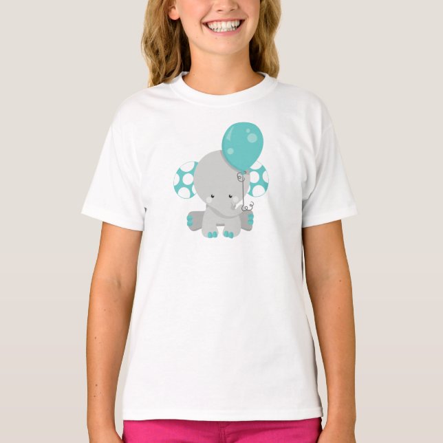 Elephant With Balloon, Cute Elephant - Blue Gray T-Shirt (Front)