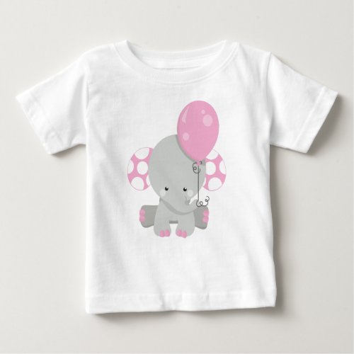 Elephant With Balloon Cute Elephant _ Pink Gray Baby T_Shirt