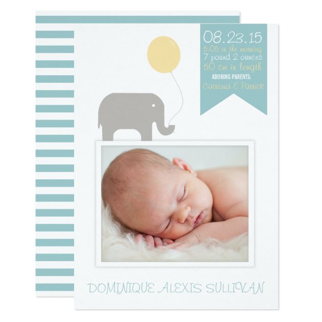 Elephant With Balloon Photo Birth Announcement