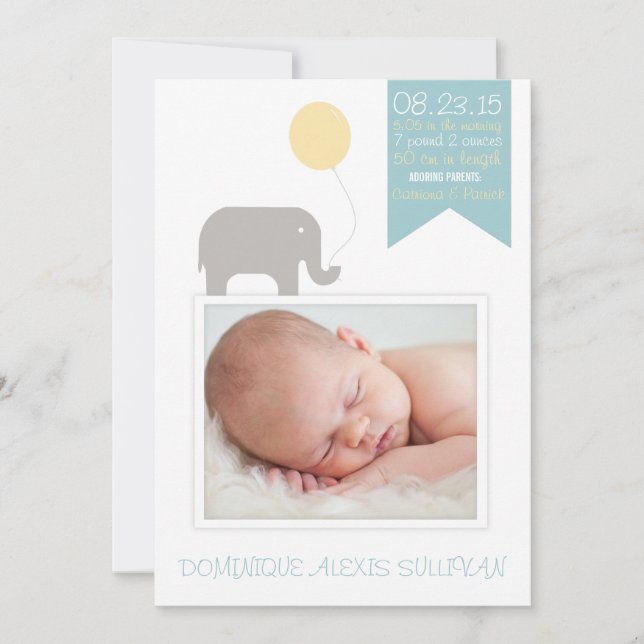 Elephant with Balloon Photo Birth Announcement (Front)
