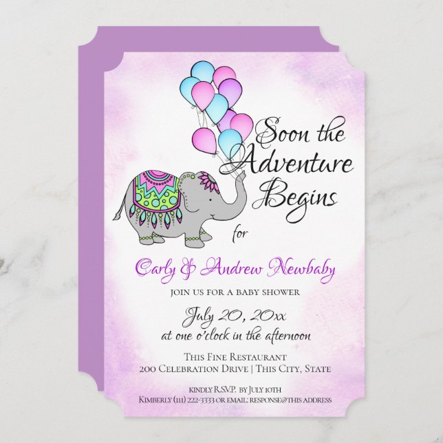 Elephant with Balloons Baby Shower Invitation (Front/Back)