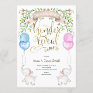 Elephant with balloons, Gender Reveal Party Invitation