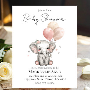 Elephant with Balloons Girl Baby Shower Invitation