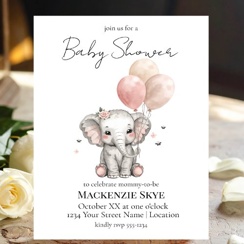 Elephant with Balloons Girl Baby Shower Invitation