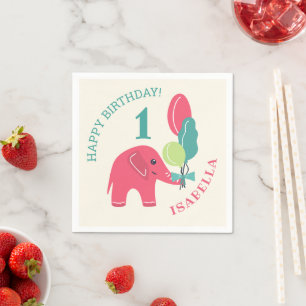 Elephant with Balloons Girls 1st Birthday Napkins