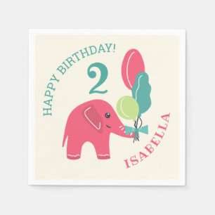Elephant with Balloons Girl's 2nd Birthday Napkins