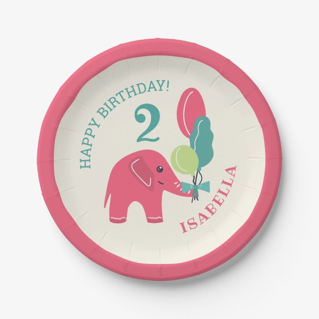 Elephant with Balloons Girls 2nd Birthday Paper Plates (Front)