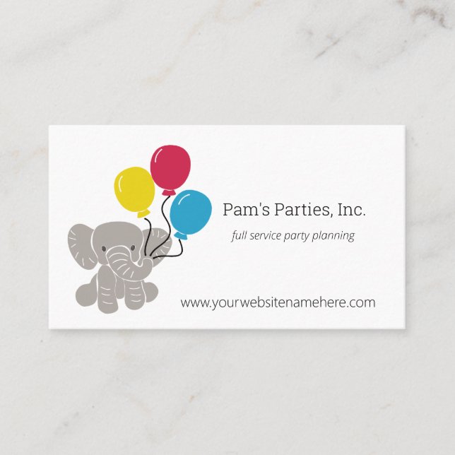 Elephant with Balloons Kids Parties Business Cards (Front)
