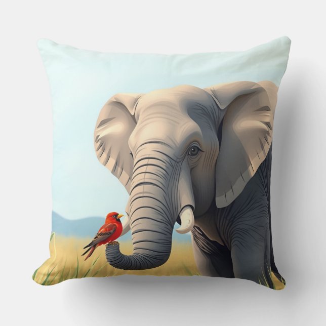 Elephant with bird throw pillow (Front)