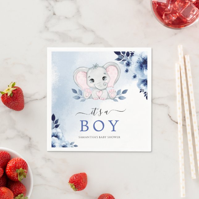 Elephant With Blue Anemones Boy Baby Shower Napkins (Insitu)