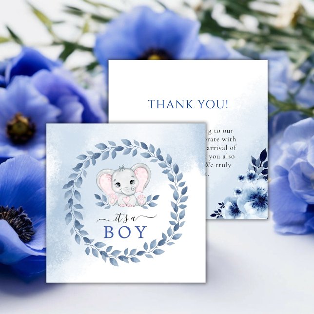 Elephant With Blue Anemones Boy Baby Shower Thank You Card (Elephant With Blue Anemones Boy Baby Shower Thank You Card!)