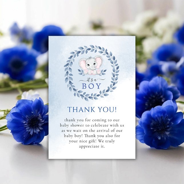 Elephant With Blue Anemones Boy Baby Shower Thank You Card (Elephant With Blue Anemones Boy Baby Shower Thank You Card)