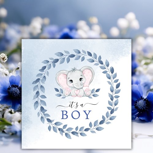 Elephant With Blue Anemones Its A Boy Baby Shower Save The Date