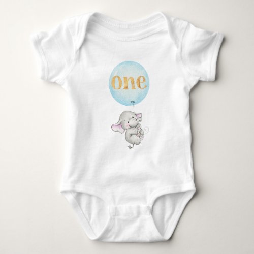 Elephant with Blue Balloon 1st Birthday Baby Bodysuit