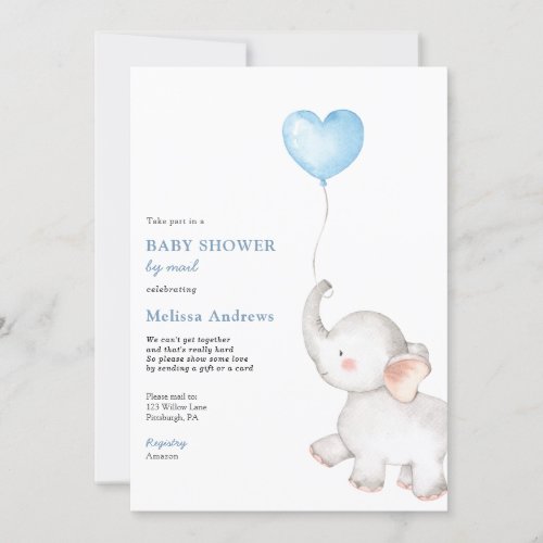 Elephant with Blue Balloon Baby Shower by Mail Invitation