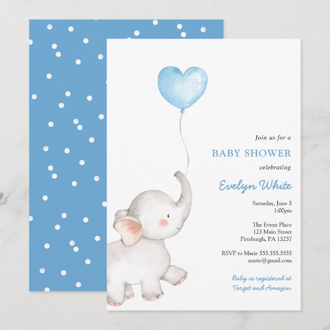 Elephant with Blue Balloon Baby Shower Invitation (Front/Back)