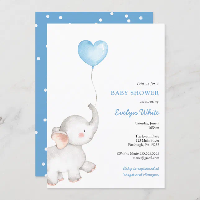 Elephant with Blue Balloon Baby Shower Invitation | Zazzle