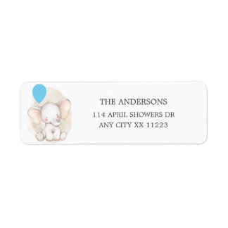 Elephant with blue balloon baby shower label