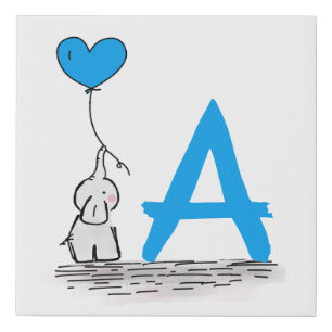 Elephant With Blue Heart Balloon Monogram Nursery Faux Canvas Print
