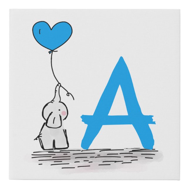 Elephant With Blue Heart Balloon Monogram Nursery Faux Canvas Print (Front)