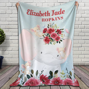 Elephant with Burgundy Maroon Flowers + Name Sherpa Blanket