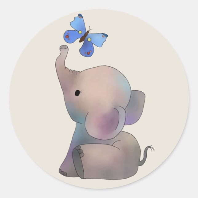 Elephant with butterfly classic round sticker (Front)