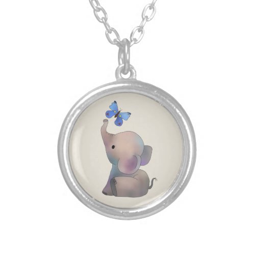 Elephant with butterfly silver plated necklace