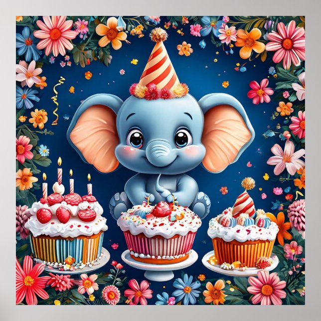 Elephant with Cake & Balloons Art Kids Party Poster (Front)