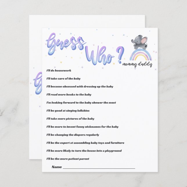 Elephant with Colorful Rainbow Baby Shower Game (Front/Back)