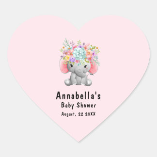 Elephant with Flowers  Baby Shower  Heart Sticker