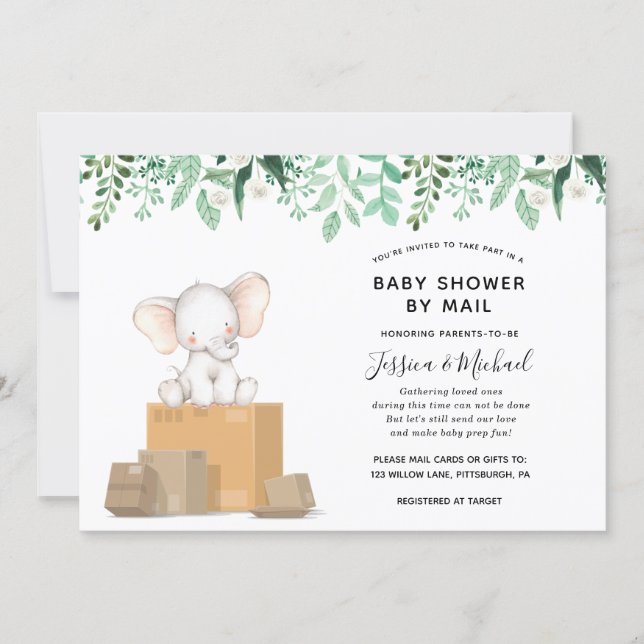 Elephant with Greenery Baby Shower by Mail Invitation (Front)
