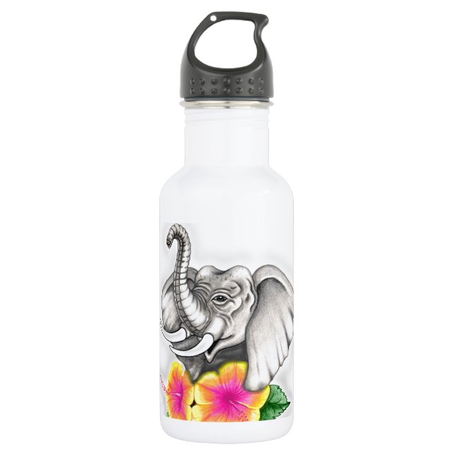 Elephant with Hibiscus Design Stainless Steel Water Bottle (Front)