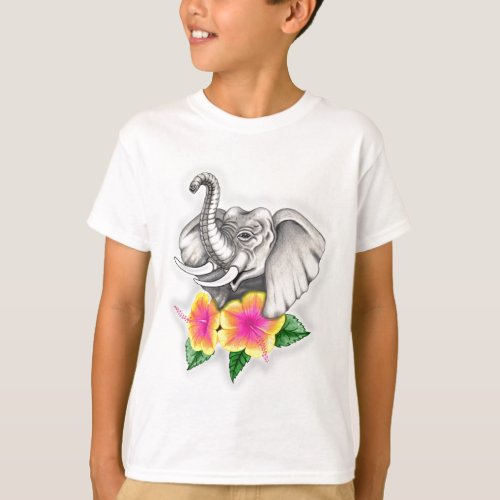 Elephant with Hibiscus Design T_Shirt