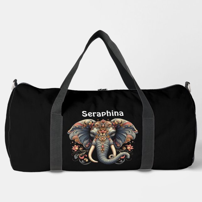 Elephant with intricate floral designs duffle bag (Front)