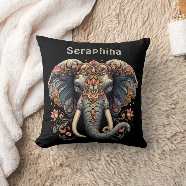 Elephant with intricate floral designs throw pillow (Blanket)