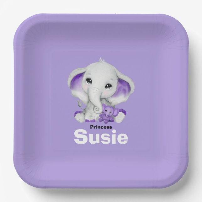 Elephant with lavender teddy bear paper plate (Front)