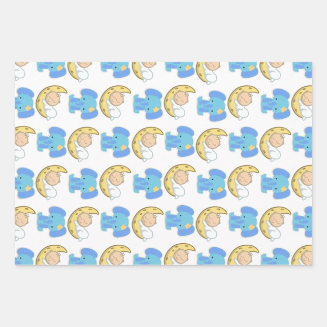 Elephant with Moon Baby Design Wrapping Paper Sheets (Front)