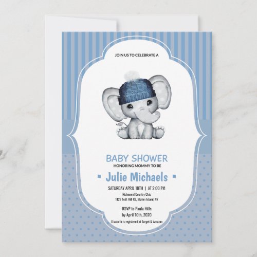Elephant with navy blue hat Baby Shower Invitation