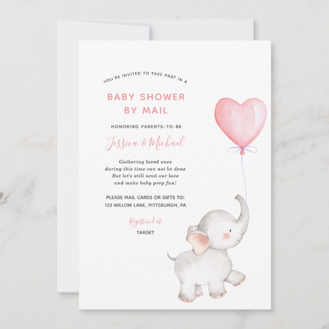 Elephant with Pink Balloon Baby Shower By Mail Invitation (Front)