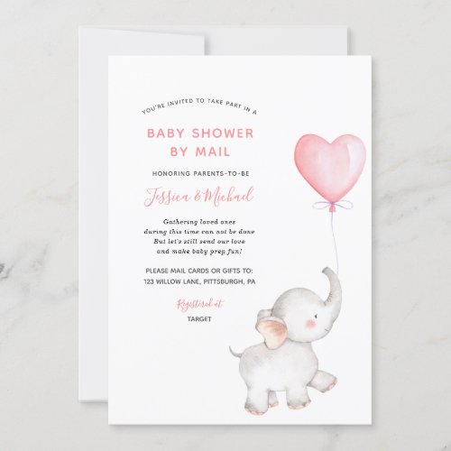 Elephant with Pink Balloon Baby Shower By Mail Invitation