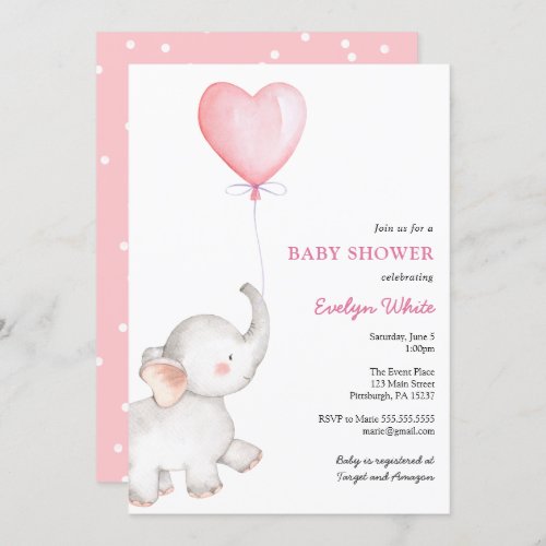 Elephant with Pink Balloon Baby Shower Invitation