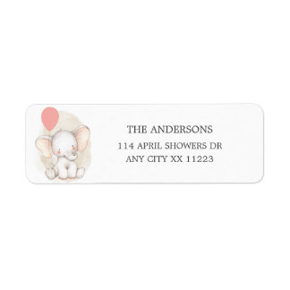 Elephant with pink balloon baby shower label