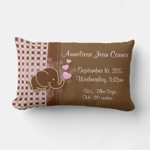 Elephant with Pink  Brown Plaid Background Lumbar Pillow